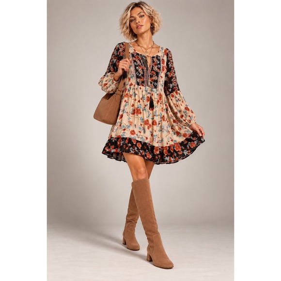 Patrons of Peace Dresses & Skirts - Patrons of Peace Floral Mixed Print Babydoll Tunic Dress Black Red Medium